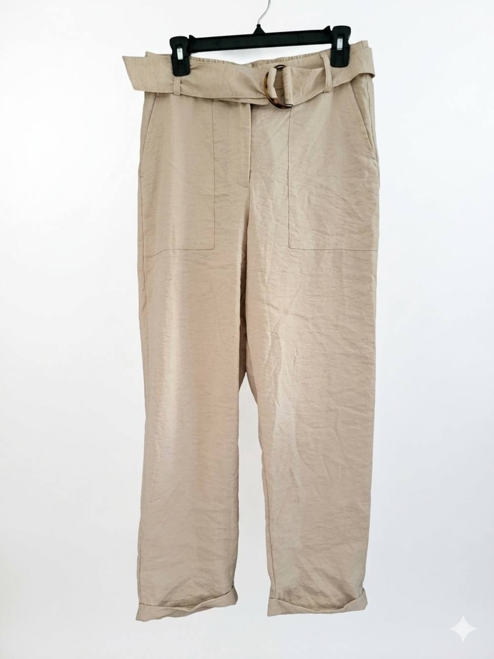 High-Rise Paperbag Trousers with Waist Tie - Beige